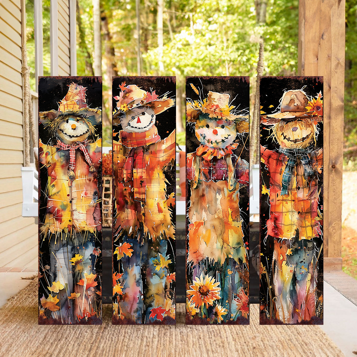 36in Fall Scarecrow Porch Sign - Watercolor Fall Decor for Front Door, Yard Art, Outdoor Garden Decoration for Front Porch