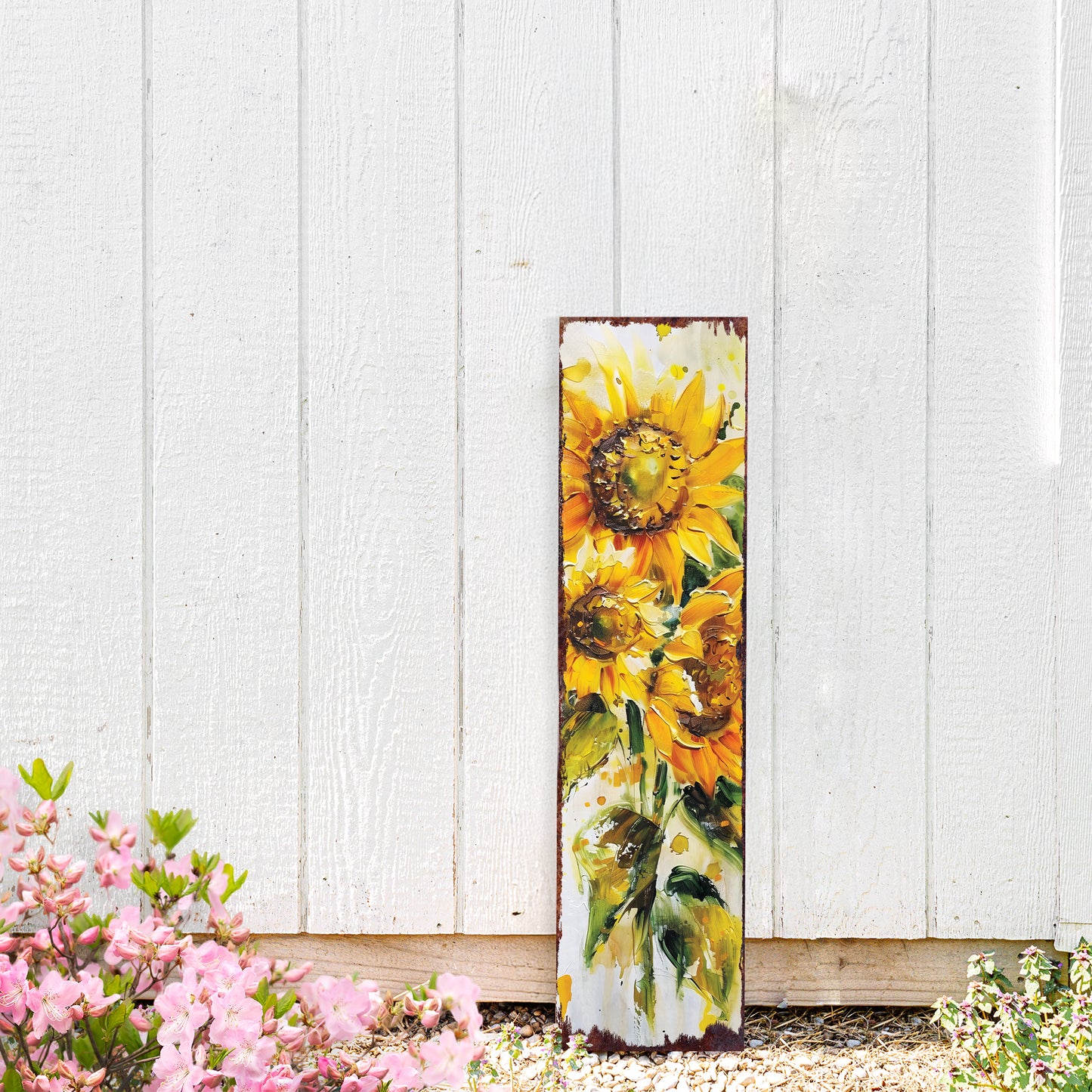 Summer Oil Sunflower Wooden Porch Sign | Rustic Farmhouse Decor for Door, Wall, Outdoor Entryway Decorative | UV Print | Multi Sizes