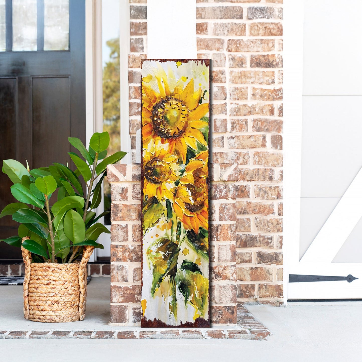 Summer Oil Sunflower Wooden Porch Sign | Rustic Farmhouse Decor for Door, Wall, Outdoor Entryway Decorative | UV Print | Multi Sizes