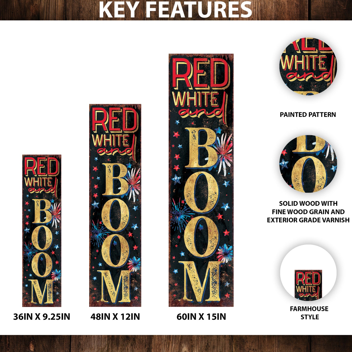 4th of July Red White and Boom Porch Sign Entryway Decor | UV Print | Front Porch Plaque | Seasonal Home Decor | 3 Sizes