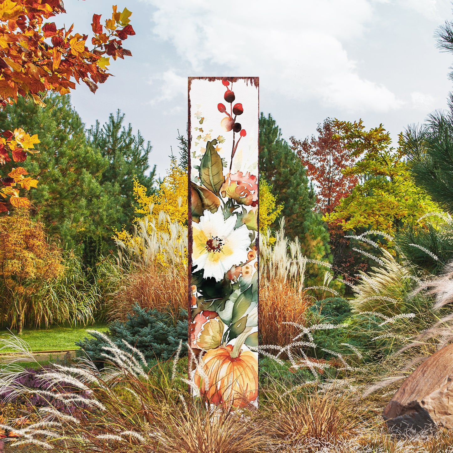 42in Fall Garden Stake | Watercolor Fall Pumpkin Decor - Ideal for Outdoor Decor, Yard Art, and Garden Fall Decor