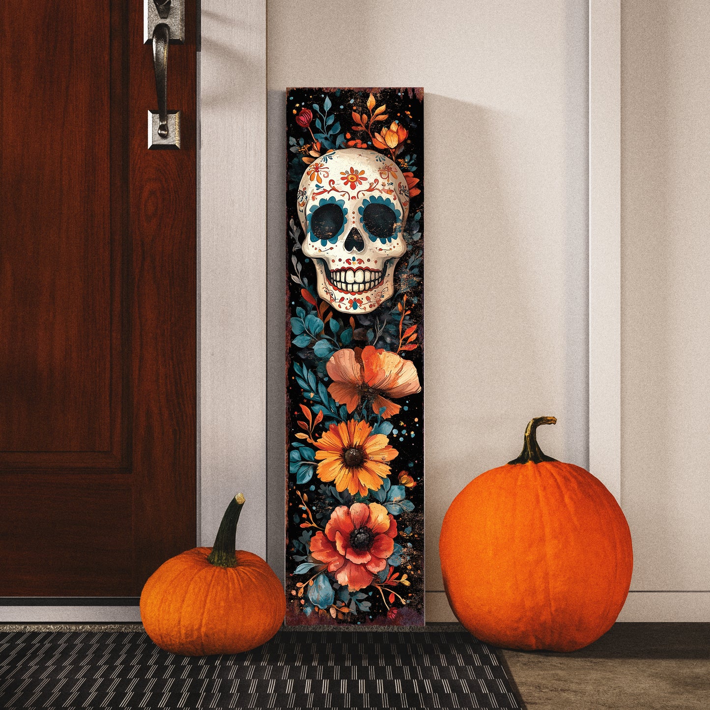 Día De Los Muertos Sugar Skull Porch Sign – Day of the Dead Front Porch Welcome Sign | Colorful Floral Sugar Skull Outdoor & Indoor Decoration