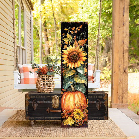 Fall Porch Sign with Sunflower & Pumpkin – Vertical Autumn Welcome Board, UV Printed Wood, Rustic Farmhouse Decor, 36–72in Sizes