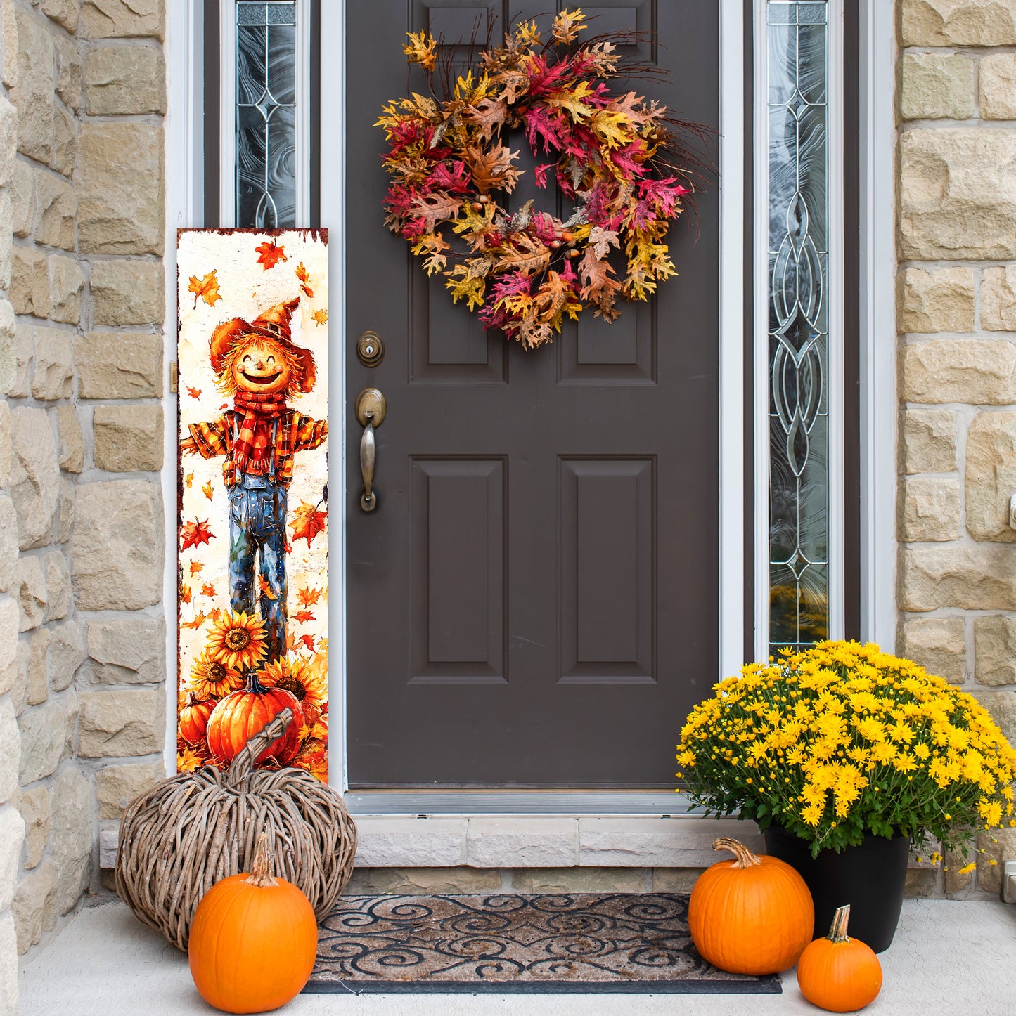 Fall Scarecrow Porch Sign – Rustic Autumn Front Porch Sign with Pumpkins & Sunflowers | Farmhouse Harvest Decoration for Outdoor Indoor Entryway
