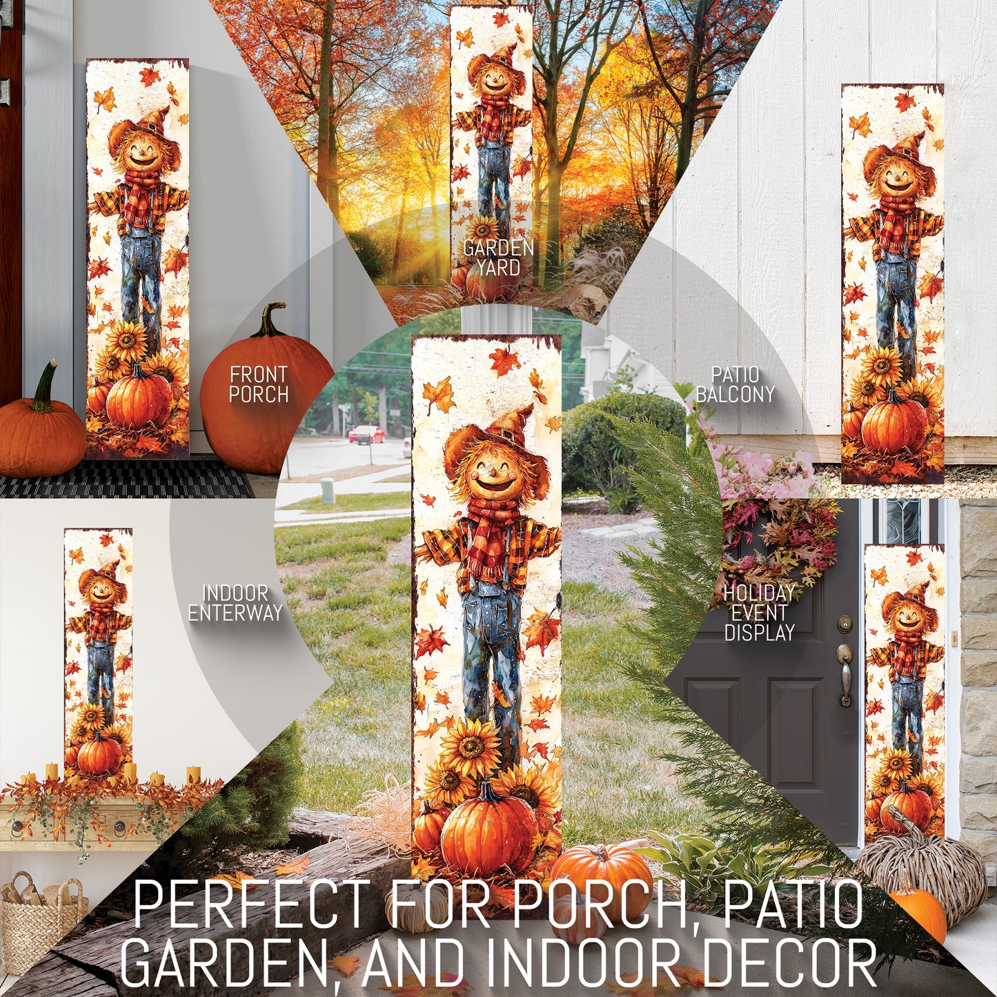 Fall Scarecrow Porch Sign – Rustic Autumn Front Porch Sign with Pumpkins & Sunflowers | Farmhouse Harvest Decoration for Outdoor Indoor Entryway