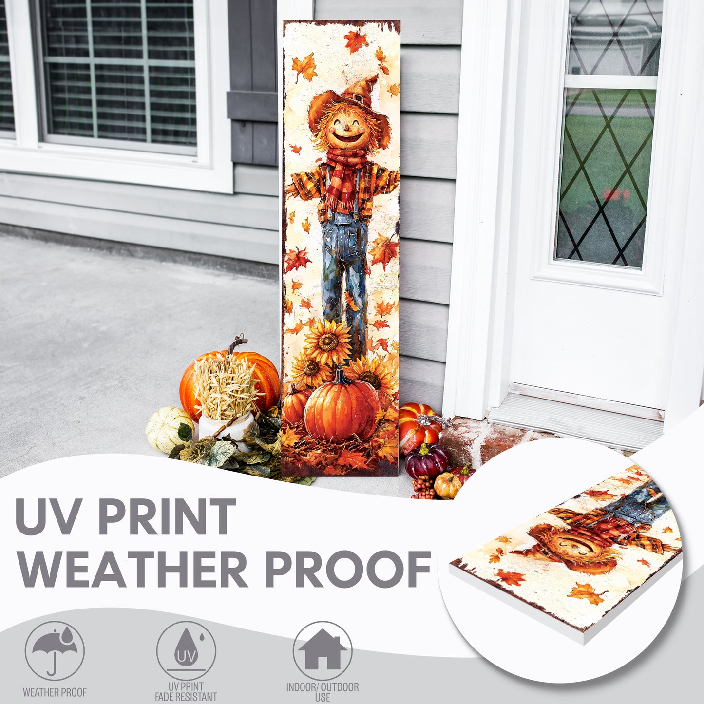 Fall Scarecrow Porch Sign – Rustic Autumn Front Porch Sign with Pumpkins & Sunflowers | Farmhouse Harvest Decoration for Outdoor Indoor Entryway