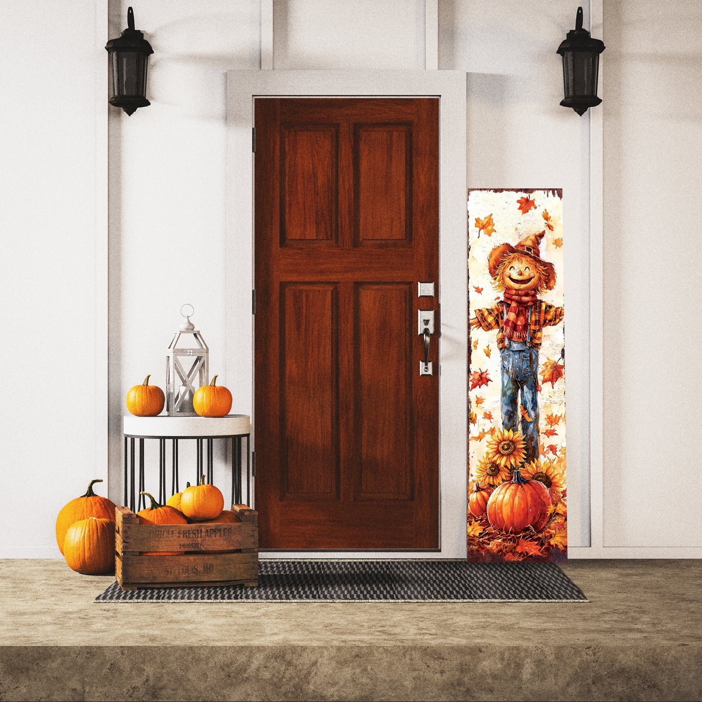Fall Scarecrow Porch Sign – Rustic Autumn Front Porch Sign with Pumpkins & Sunflowers | Farmhouse Harvest Decoration for Outdoor Indoor Entryway