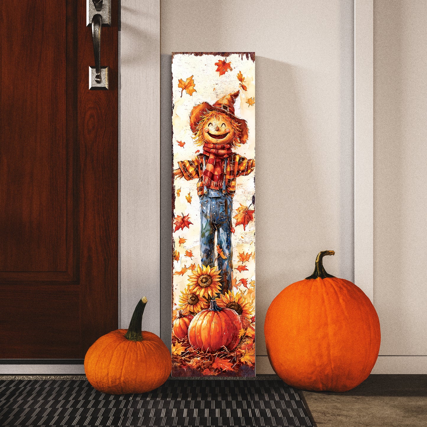Fall Scarecrow Porch Sign – Rustic Autumn Front Porch Sign with Pumpkins & Sunflowers | Farmhouse Harvest Decoration for Outdoor Indoor Entryway