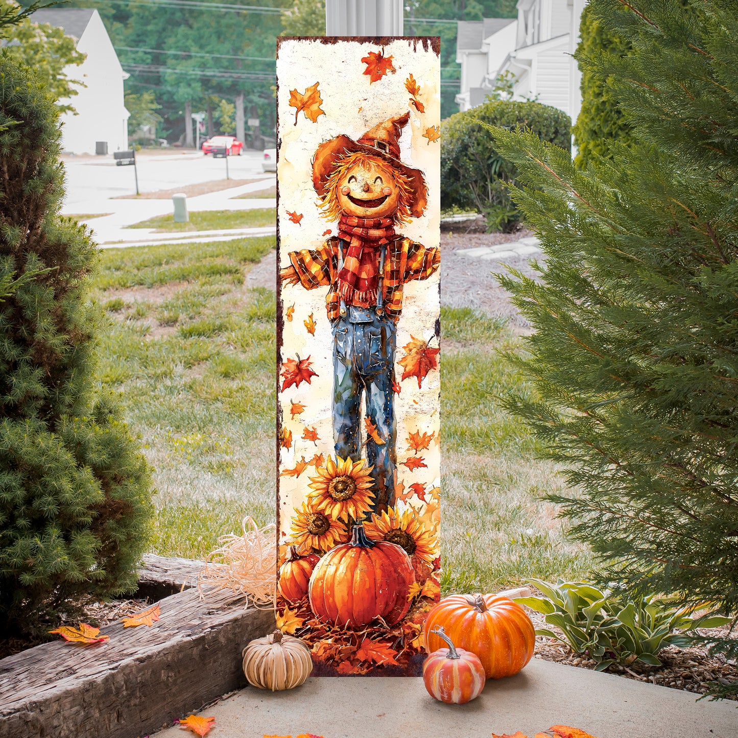 Fall Scarecrow Porch Sign – Rustic Autumn Front Porch Sign with Pumpkins & Sunflowers | Farmhouse Harvest Decoration for Outdoor Indoor Entryway