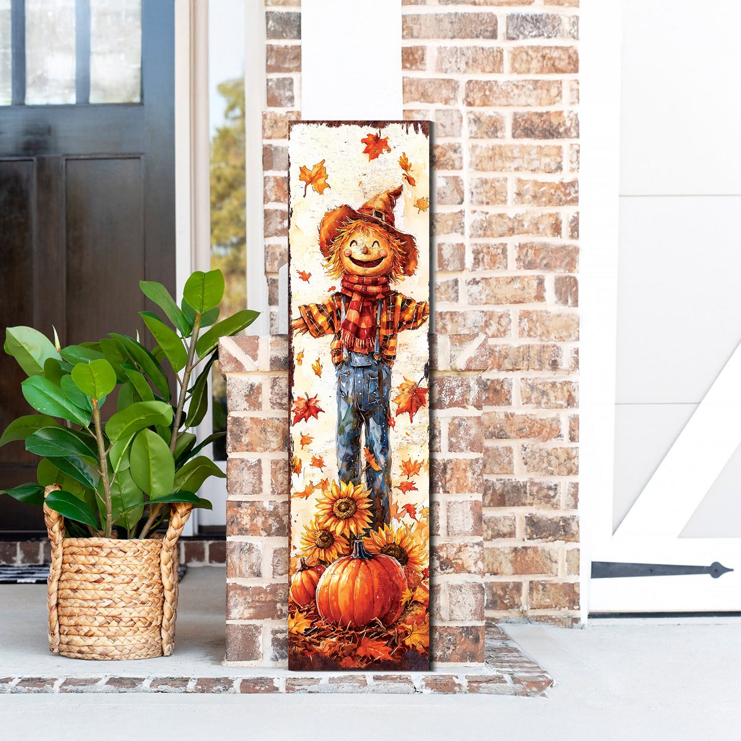 Fall Scarecrow Porch Sign – Rustic Autumn Front Porch Sign with Pumpkins & Sunflowers | Farmhouse Harvest Decoration for Outdoor Indoor Entryway