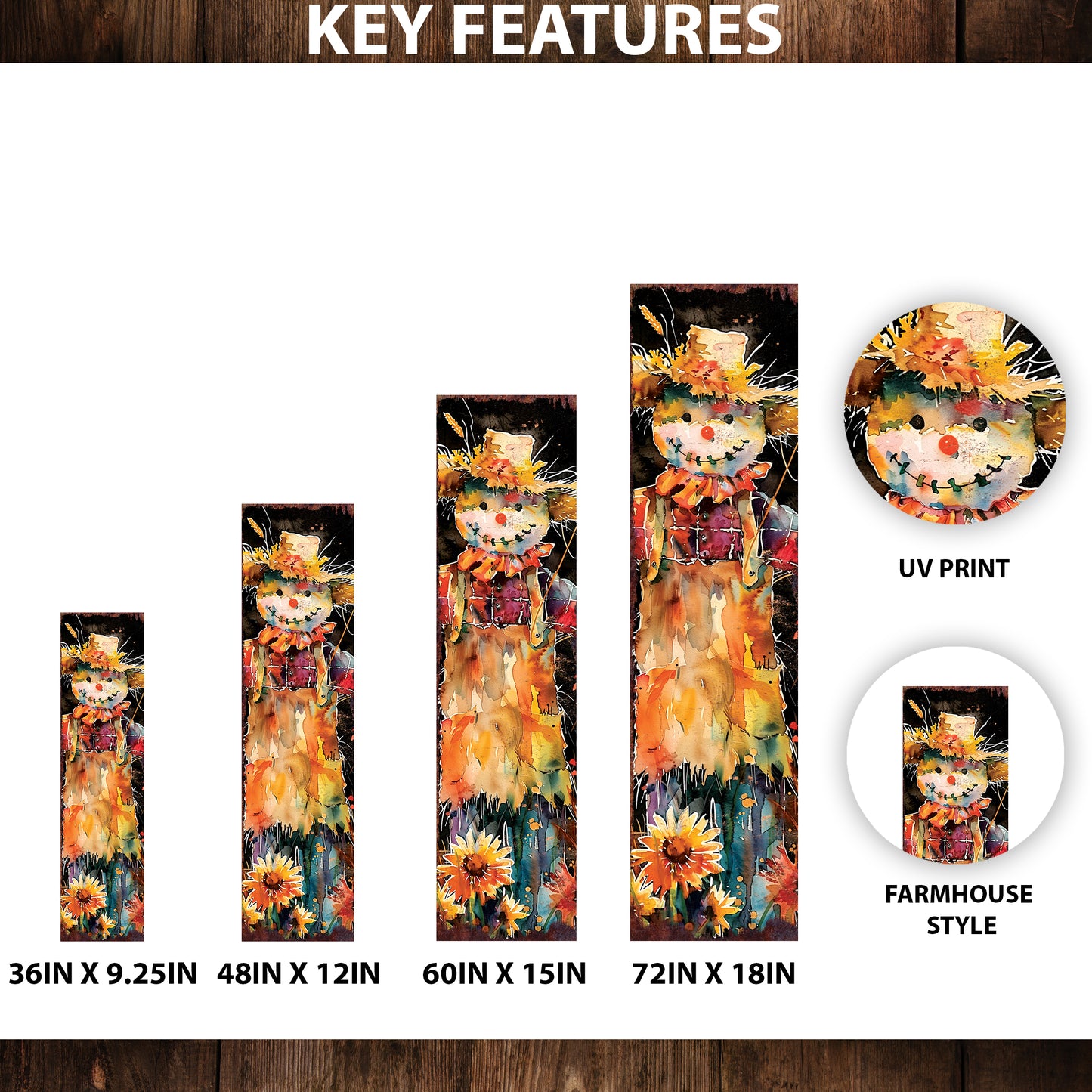 Fall Scarecrow Porch Sign - Front Porch Fall Plaque with Harvest Decoration | Autumn Decor UV Print | Entryway Fall Decor | 48x12