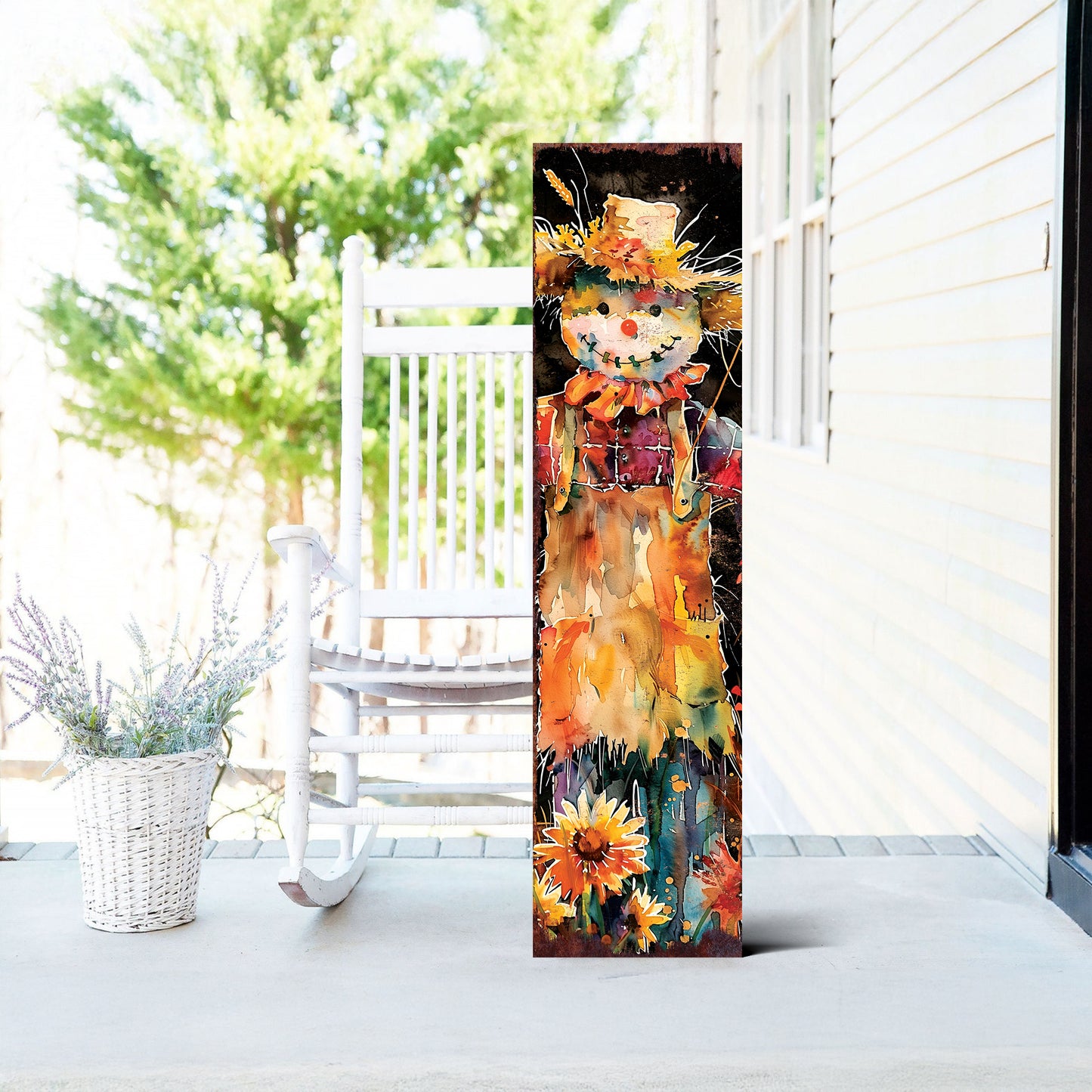 Fall Scarecrow Porch Sign - Front Porch Fall Plaque with Harvest Decoration | Autumn Decor UV Print | Entryway Fall Decor | 48x12