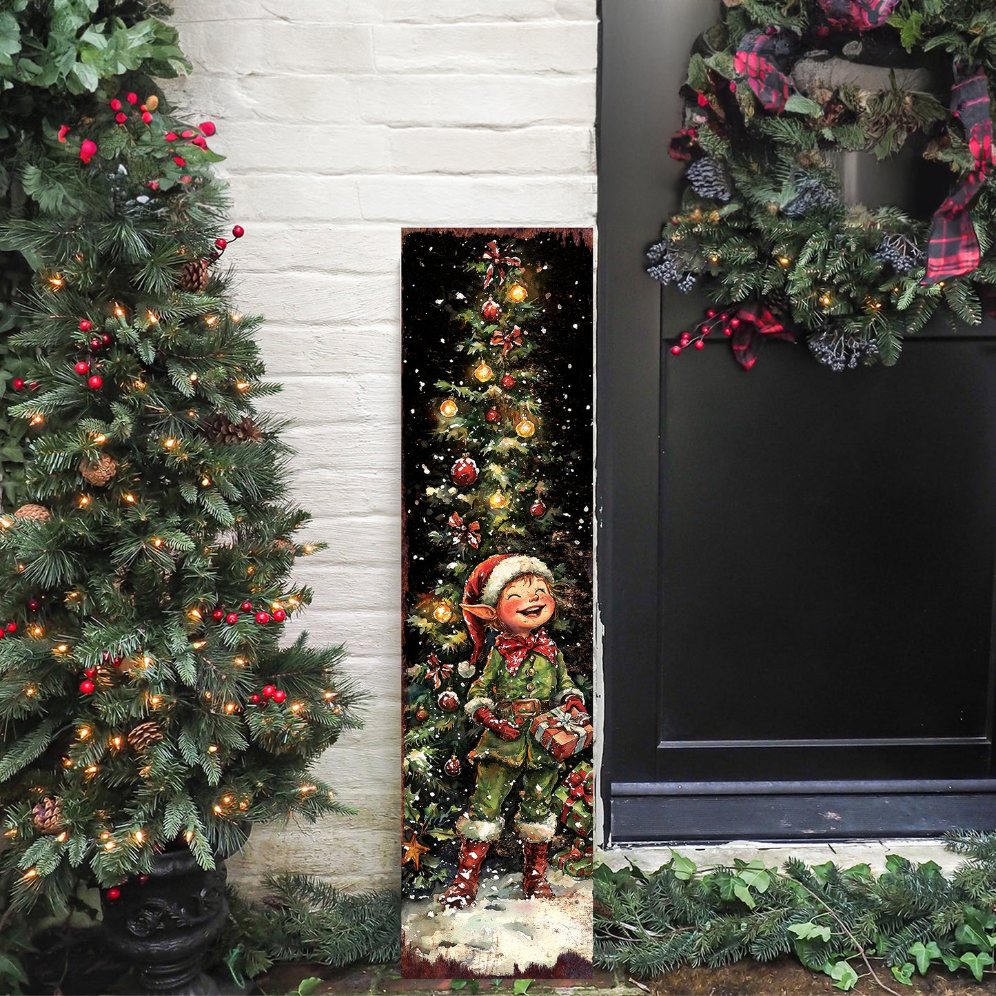 Merry Christmas Elf Porch Sign | Outdoor Holiday Welcome Decor