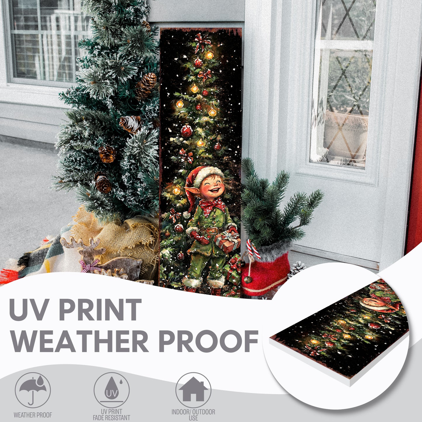 Merry Christmas Elf Porch Sign | Outdoor Holiday Welcome Decor