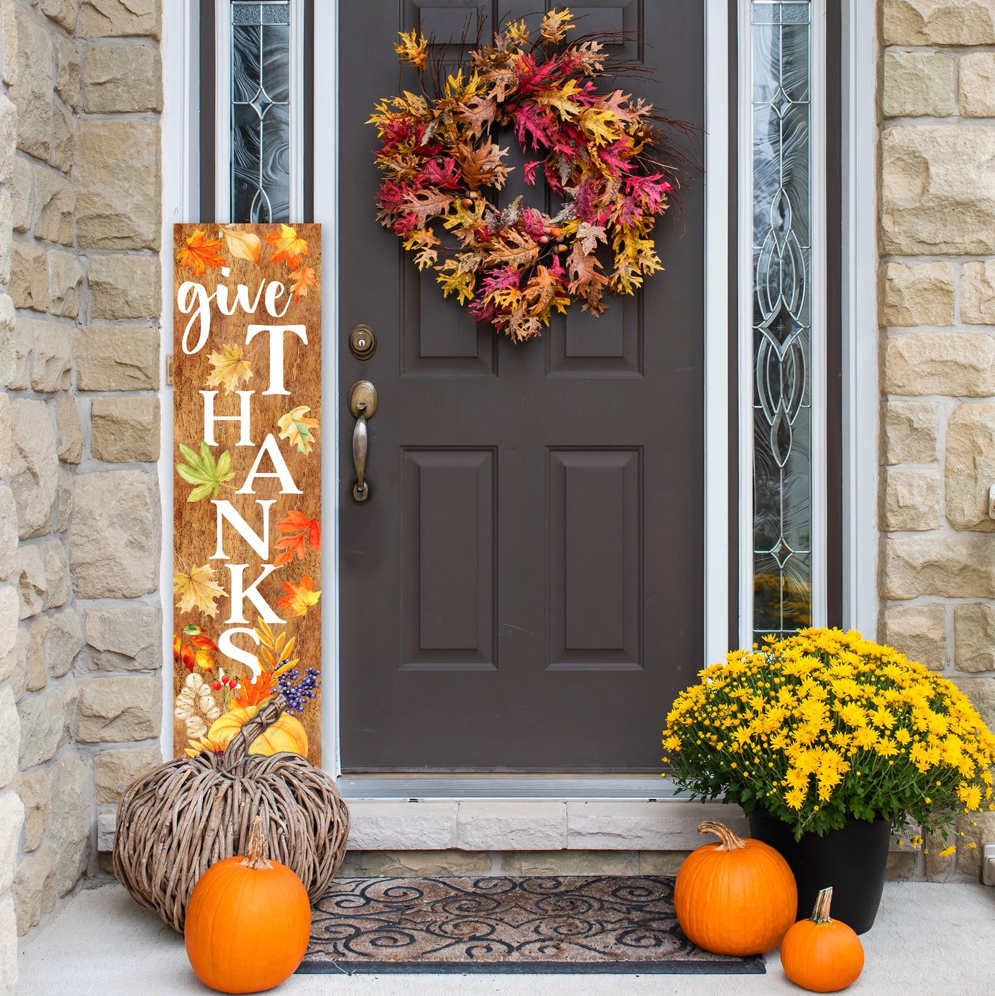 Give Thanks Fall Porch Sign - Front Porch Harvest Welcome Sign with Vintage Autumn Decoration, Rustic Thanksgiving Decor for Outdoor