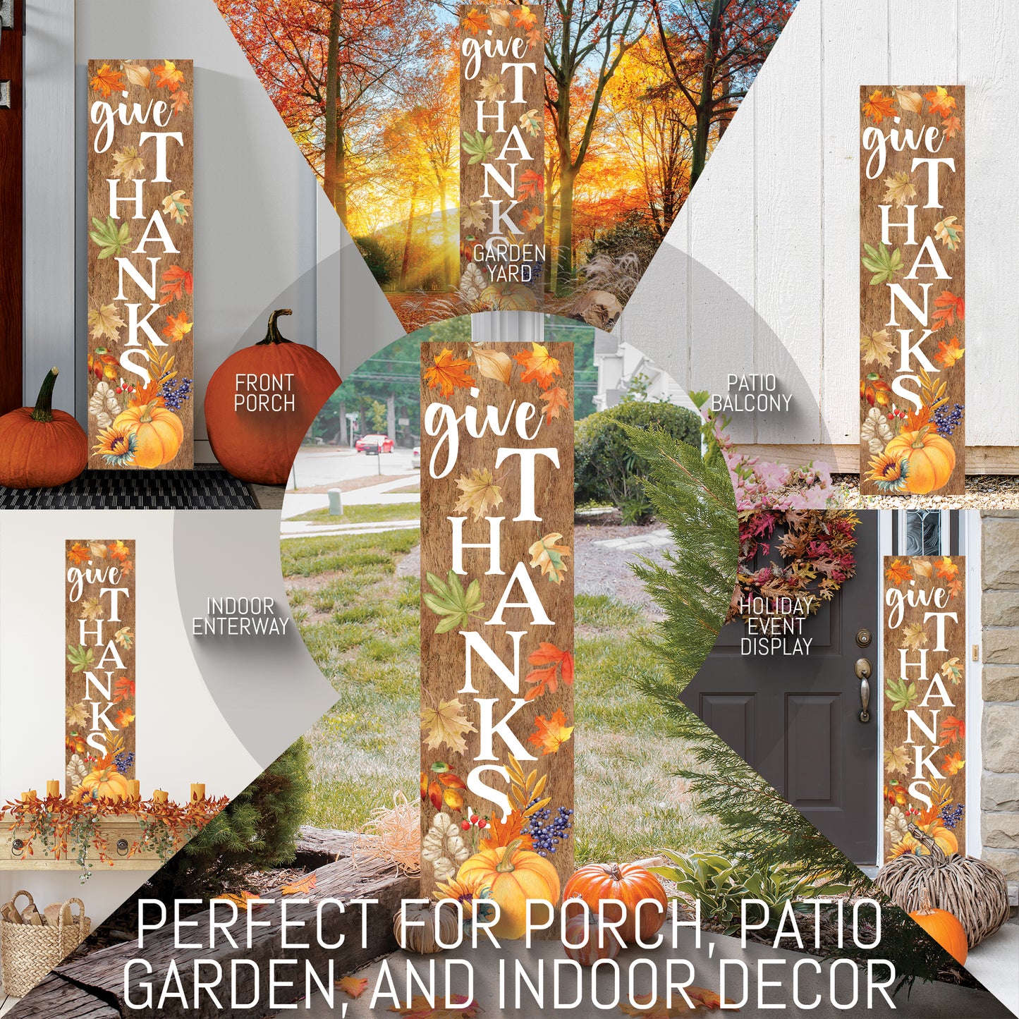 Give Thanks Fall Porch Sign - Front Porch Harvest Welcome Sign with Vintage Autumn Decoration, Rustic Thanksgiving Decor for Outdoor