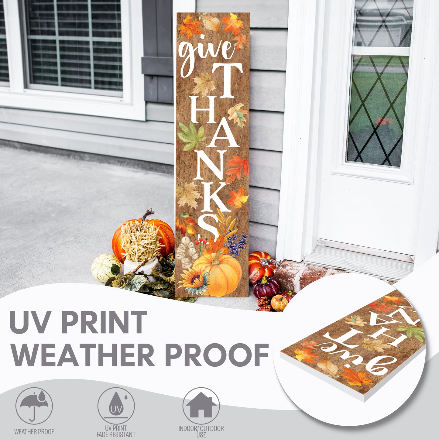 Give Thanks Fall Porch Sign - Front Porch Harvest Welcome Sign with Vintage Autumn Decoration, Rustic Thanksgiving Decor for Outdoor