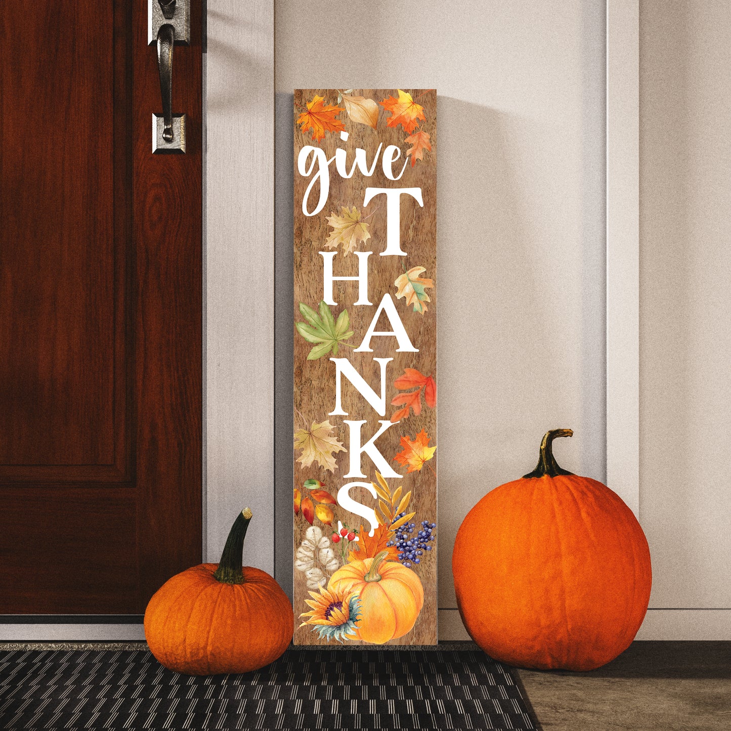 Give Thanks Fall Porch Sign - Front Porch Harvest Welcome Sign with Vintage Autumn Decoration, Rustic Thanksgiving Decor for Outdoor