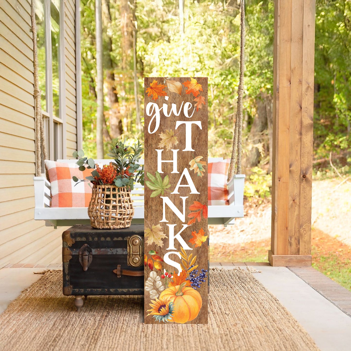 Give Thanks Fall Porch Sign - Front Porch Harvest Welcome Sign with Vintage Autumn Decoration, Rustic Thanksgiving Decor for Outdoor