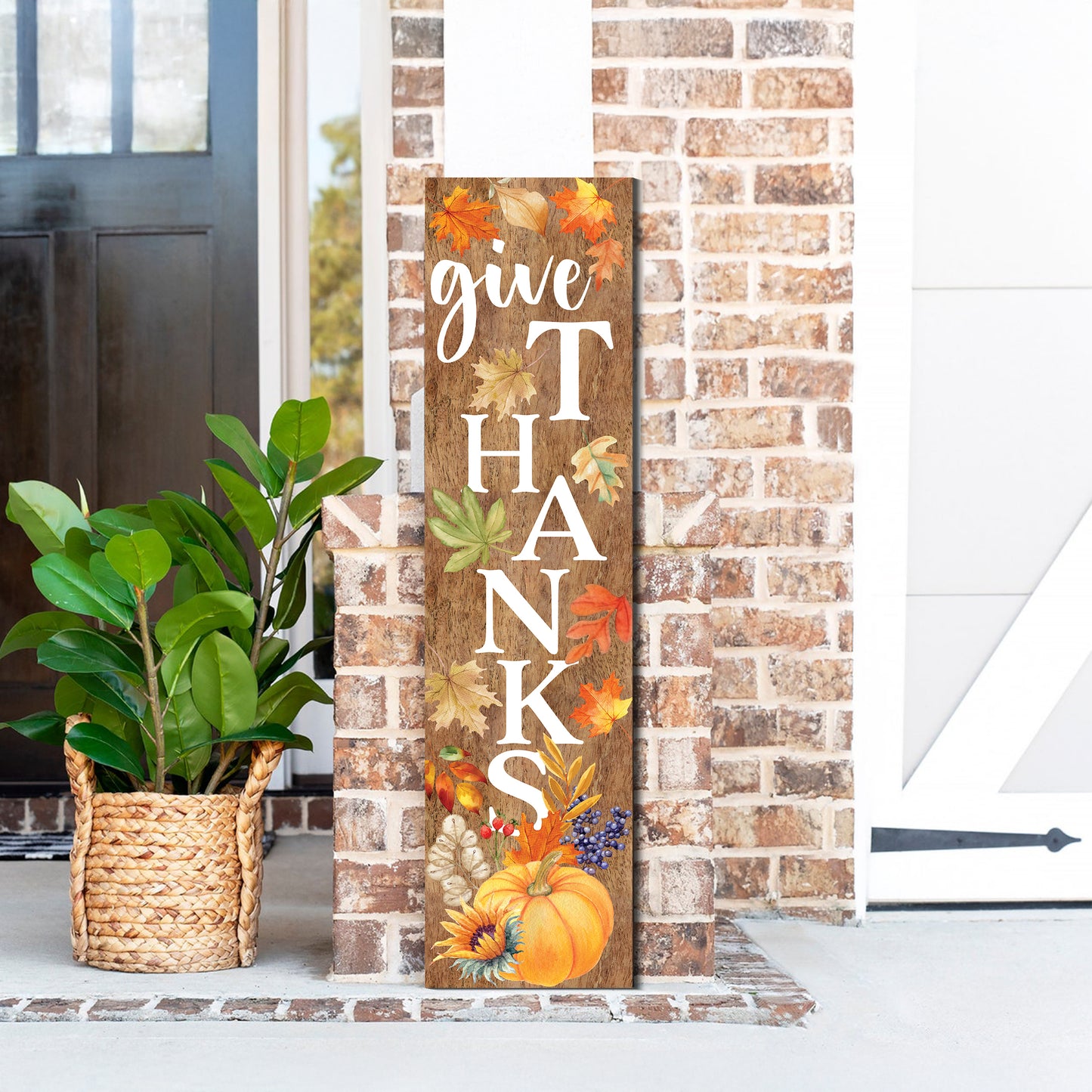Give Thanks Fall Porch Sign - Front Porch Harvest Welcome Sign with Vintage Autumn Decoration, Rustic Thanksgiving Decor for Outdoor