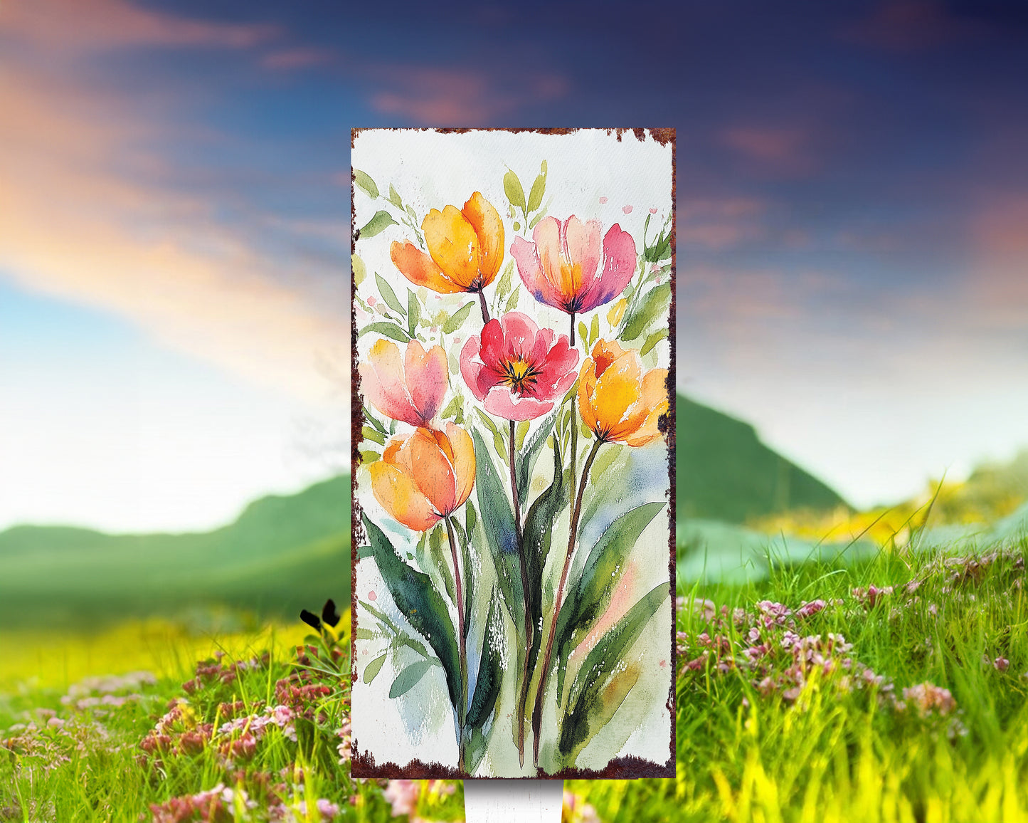 30in Spring Garden Stake | Watercolor Tulips Decor | Ideal for Outdoor Decor, and Yard Art, Garden Decorative