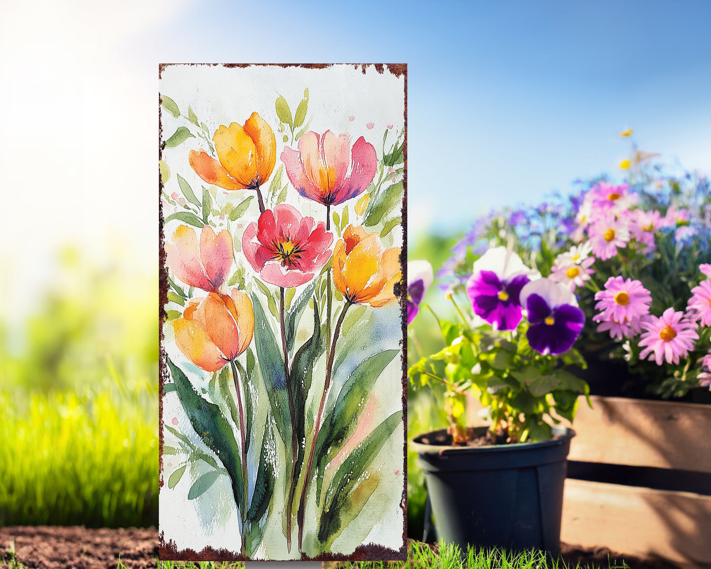 30in Spring Garden Stake | Watercolor Tulips Decor | Ideal for Outdoor Decor, and Yard Art, Garden Decorative