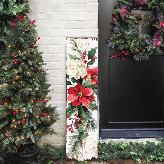 Christmas Poinsettia Porch Sign – Holiday Outdoor Decor for Front Door or Entryway