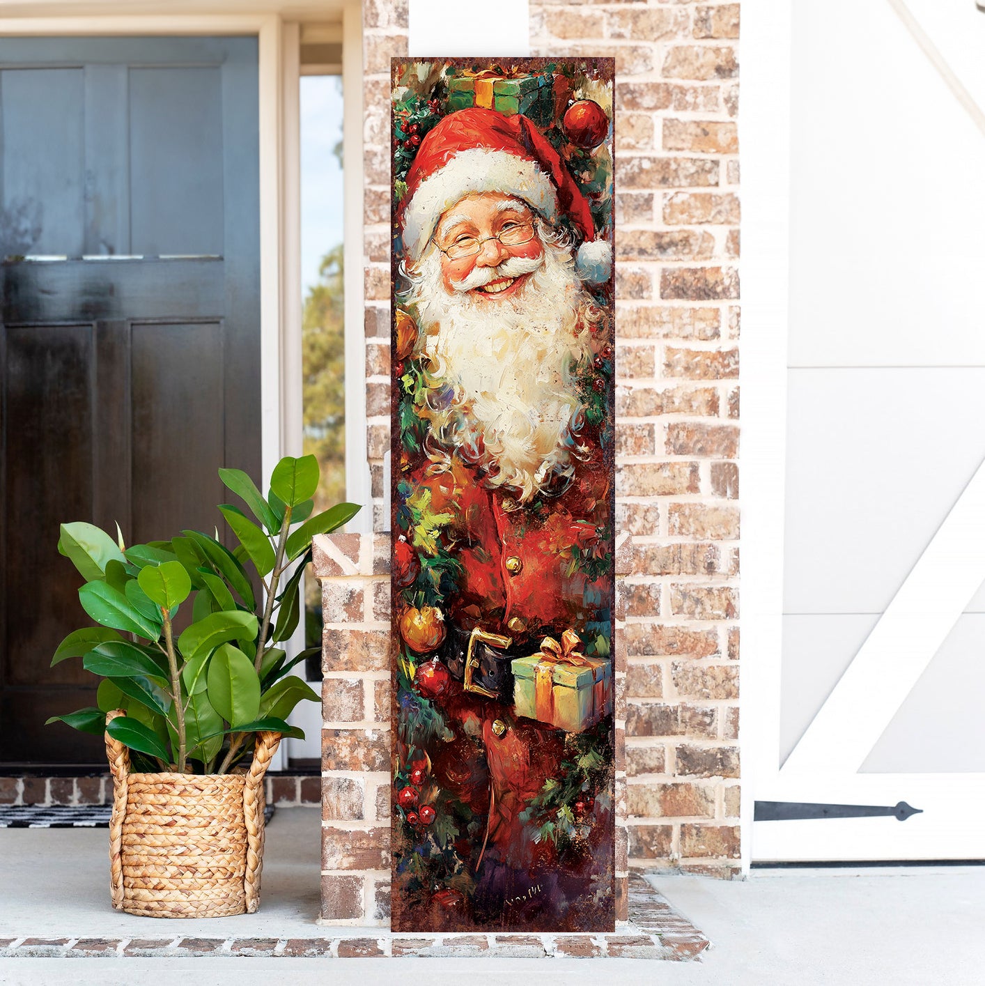 Vintage Santa Christmas Porch Sign | Farmhouse Holiday Welcome Sign | Festive Front Door & Outdoor Winter Decor