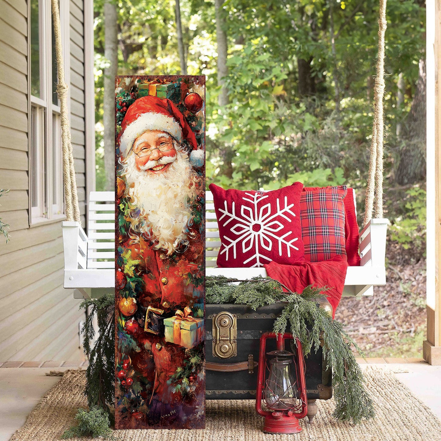 Vintage Santa Christmas Porch Sign | Farmhouse Holiday Welcome Sign | Festive Front Door & Outdoor Winter Decor