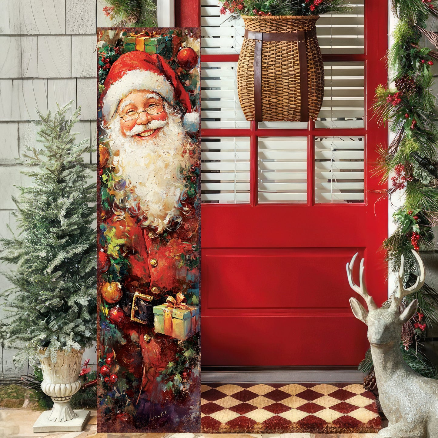 Vintage Santa Christmas Porch Sign | Farmhouse Holiday Welcome Sign | Festive Front Door & Outdoor Winter Decor