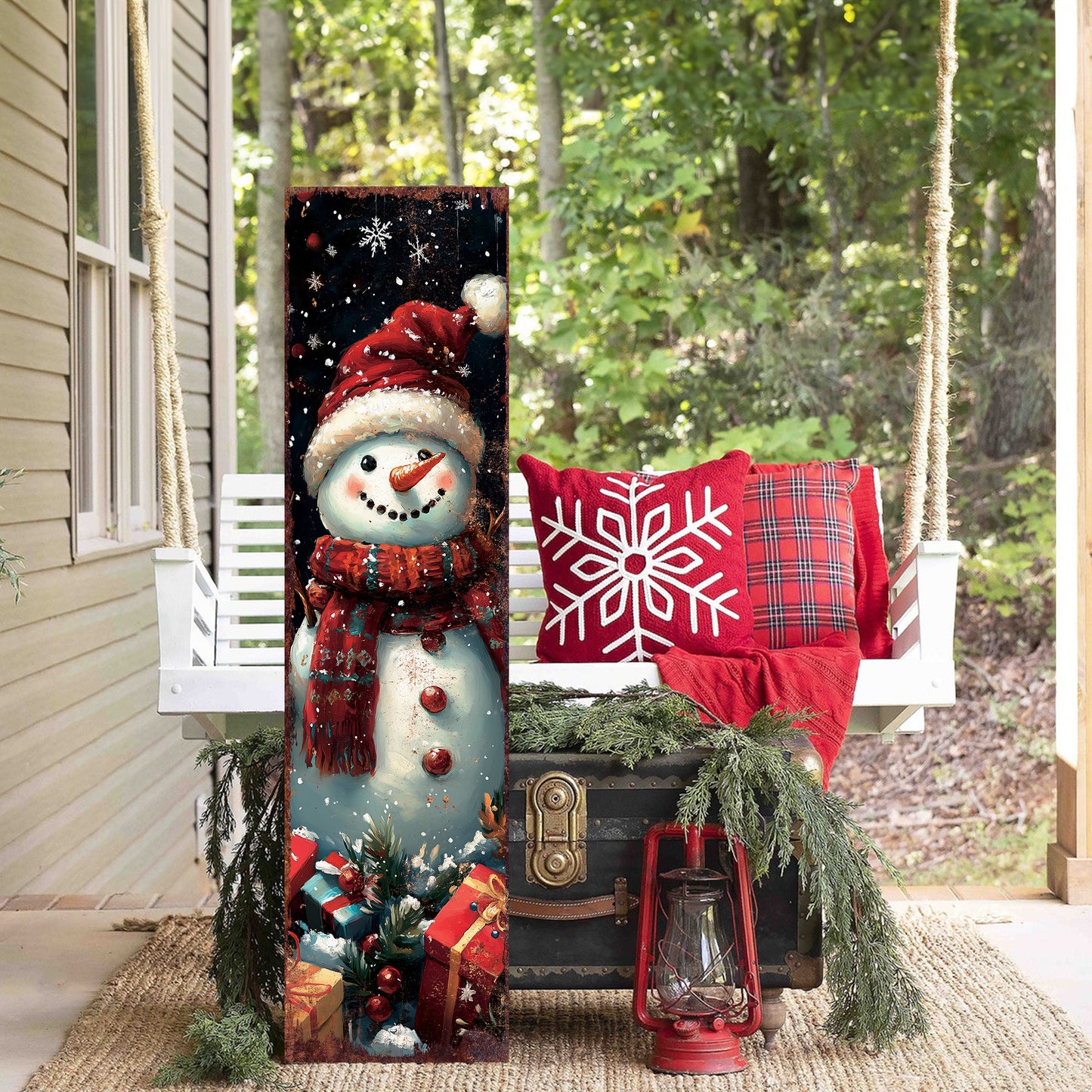 Snowman Christmas Porch Sign | Farmhouse Winter Welcome Sign | Front Door Outdoor Holiday Decor | Rustic Christmas Decoration