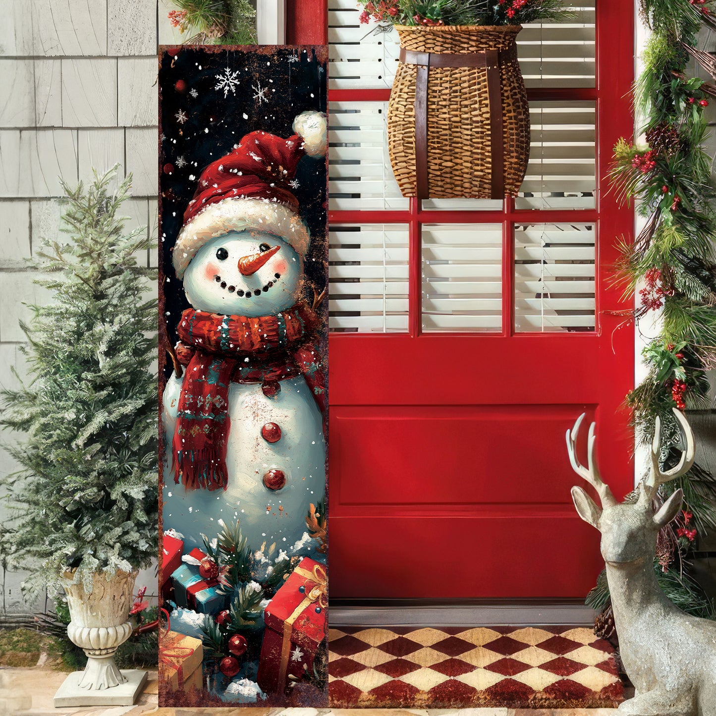 Snowman Christmas Porch Sign | Farmhouse Winter Welcome Sign | Front Door Outdoor Holiday Decor | Rustic Christmas Decoration