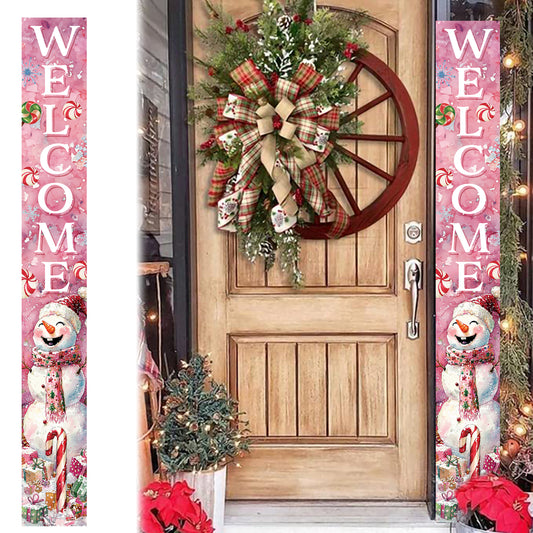 Candy Pink Snowman 72" Christmas Porch Sign | Holiday Outdoor Decor Banner