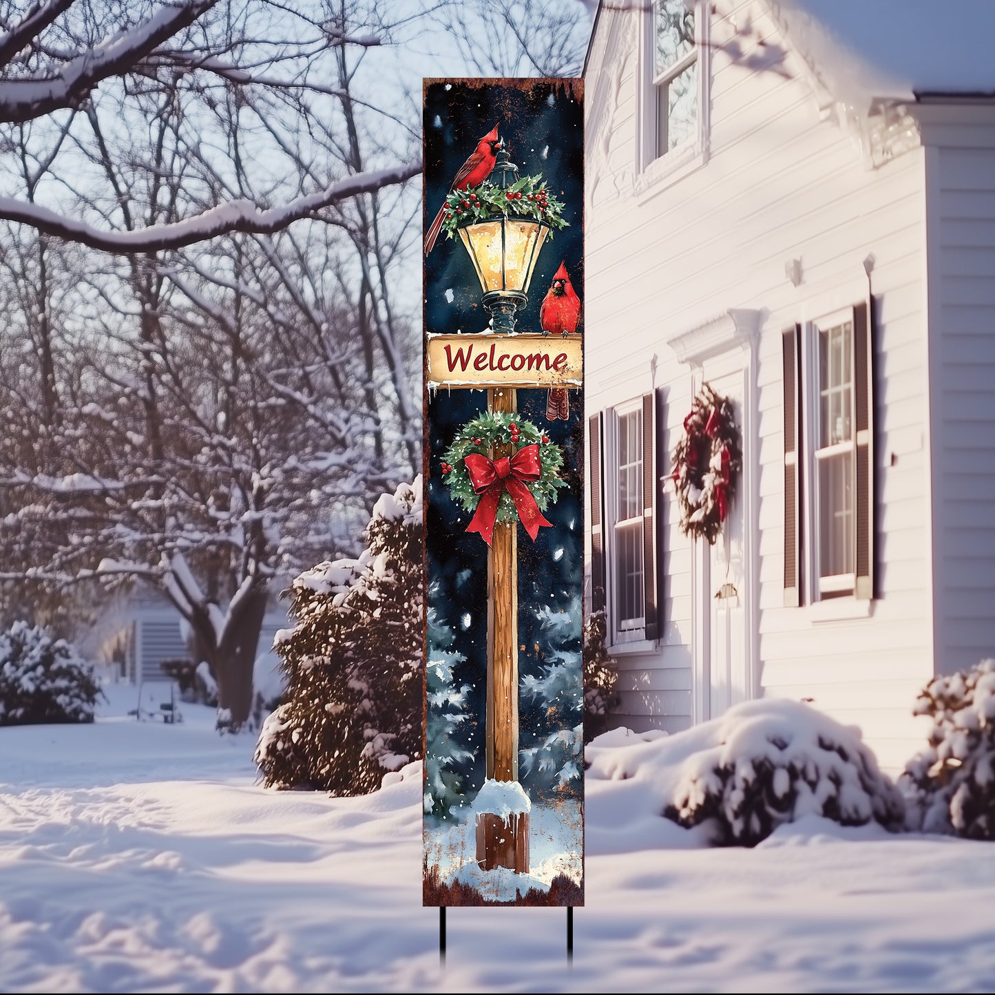 42in Christmas Garden Stake | Watercolor Cardinal & Lantern Design | Outdoor Decor, Yard Art