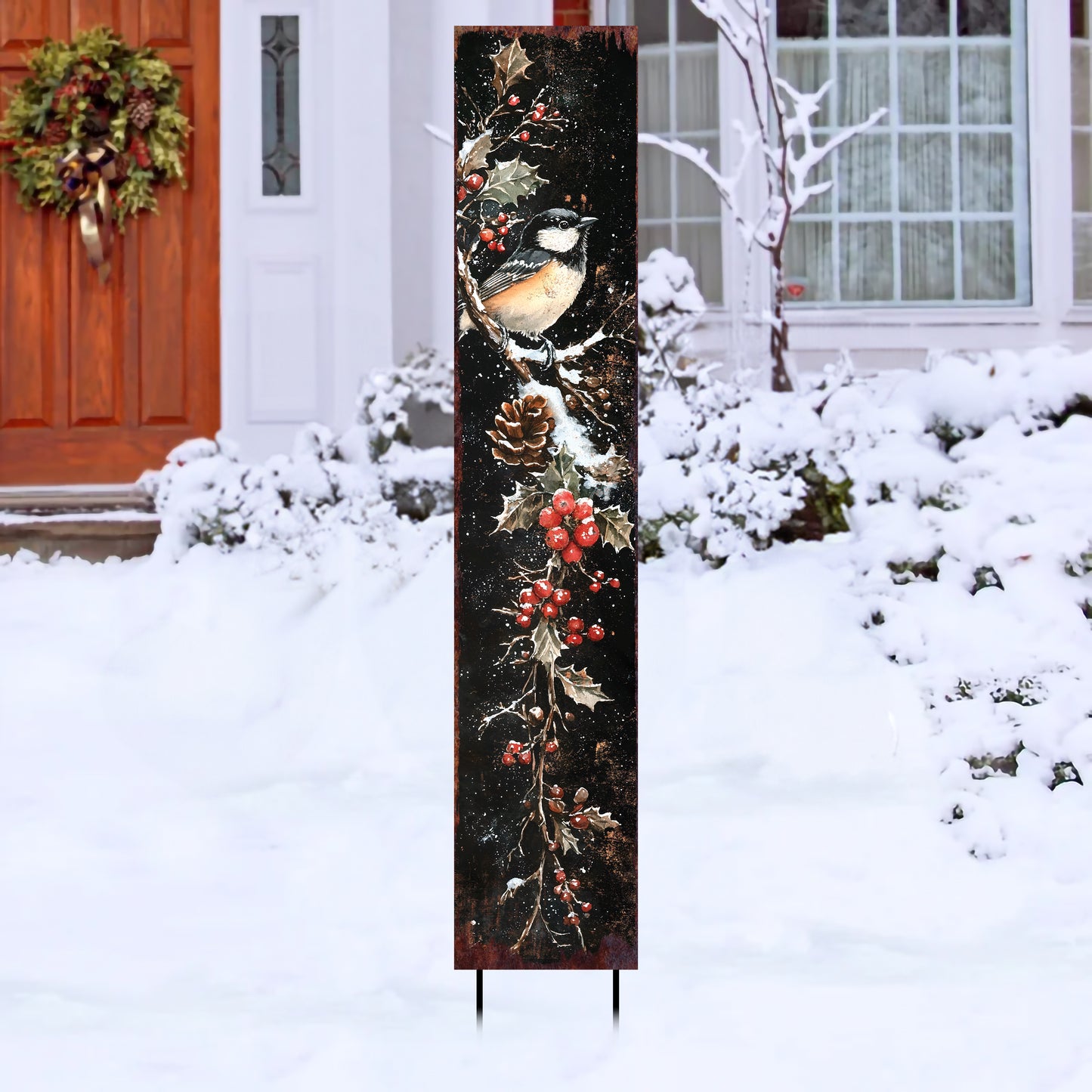 42in Christmas Garden Stake | Watercolor Chickadee Design | Outdoor Yard Sign | Winter Garden Decor