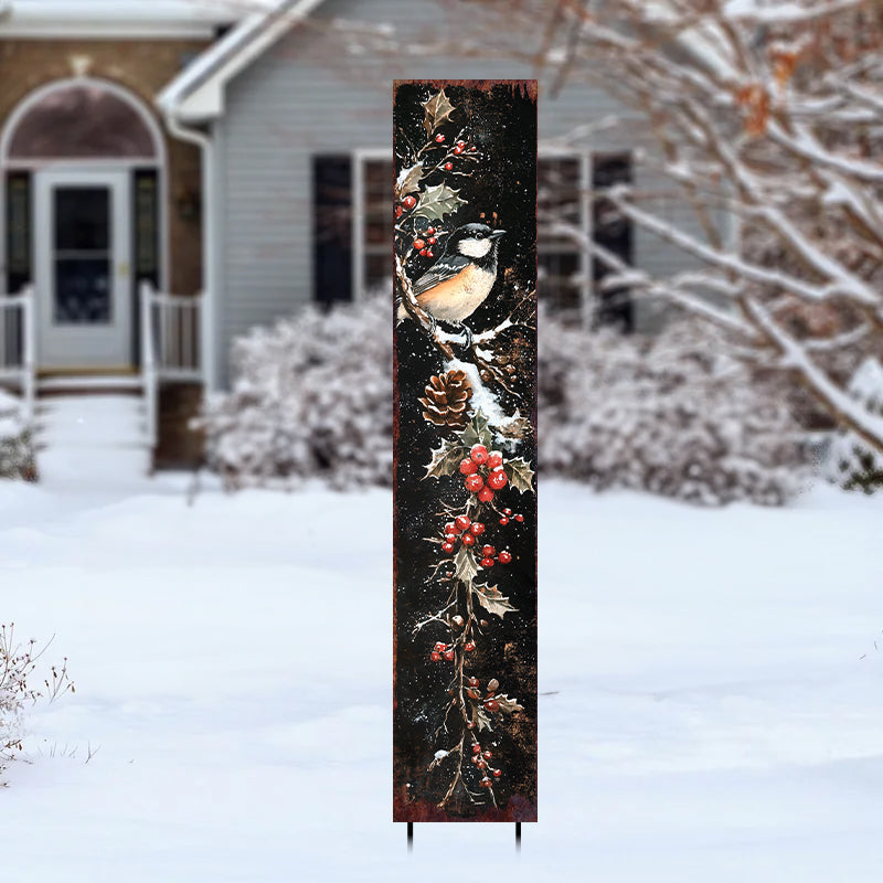42in Christmas Garden Stake | Watercolor Chickadee Design | Outdoor Yard Sign | Winter Garden Decor