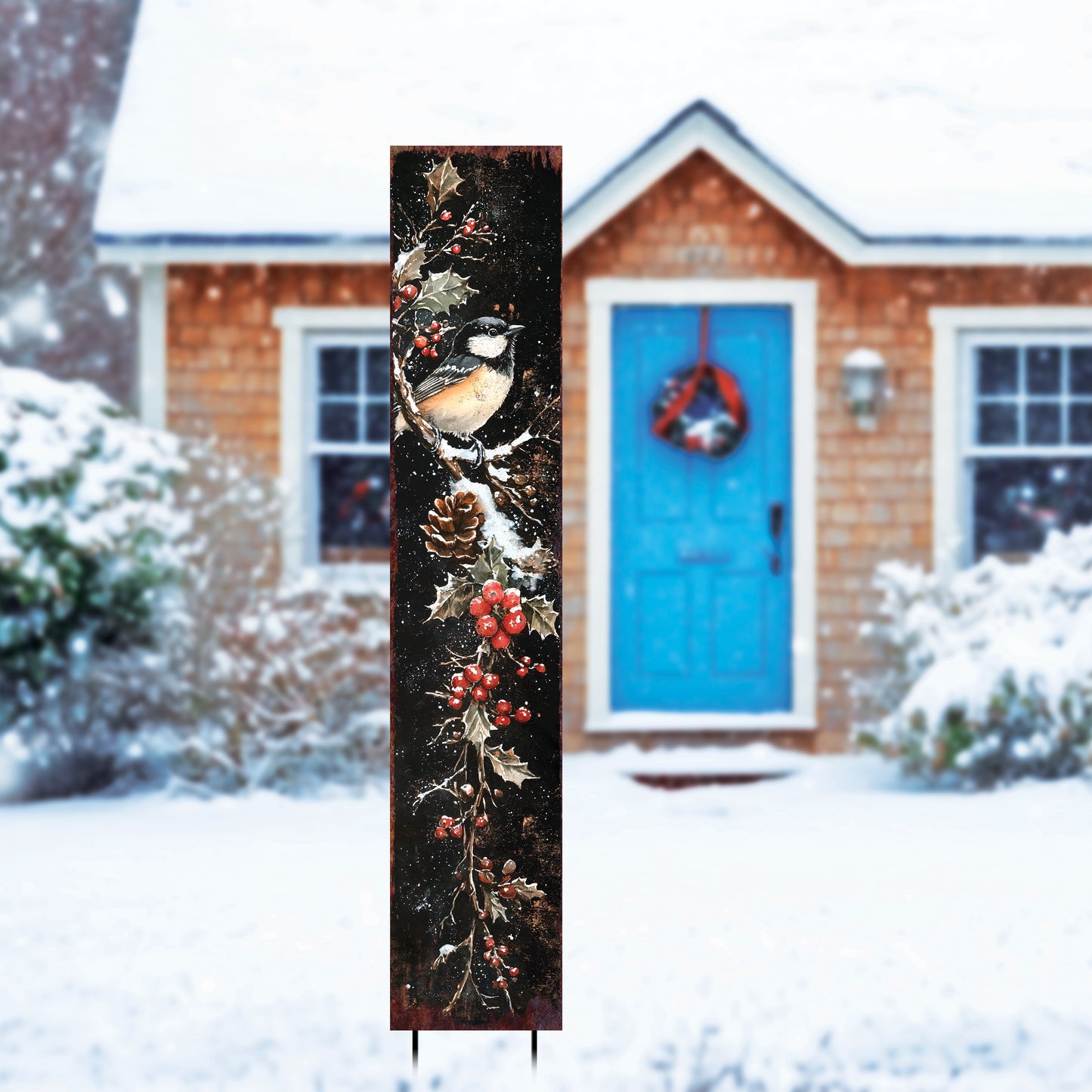 42in Christmas Garden Stake | Watercolor Chickadee Design | Outdoor Yard Sign | Winter Garden Decor