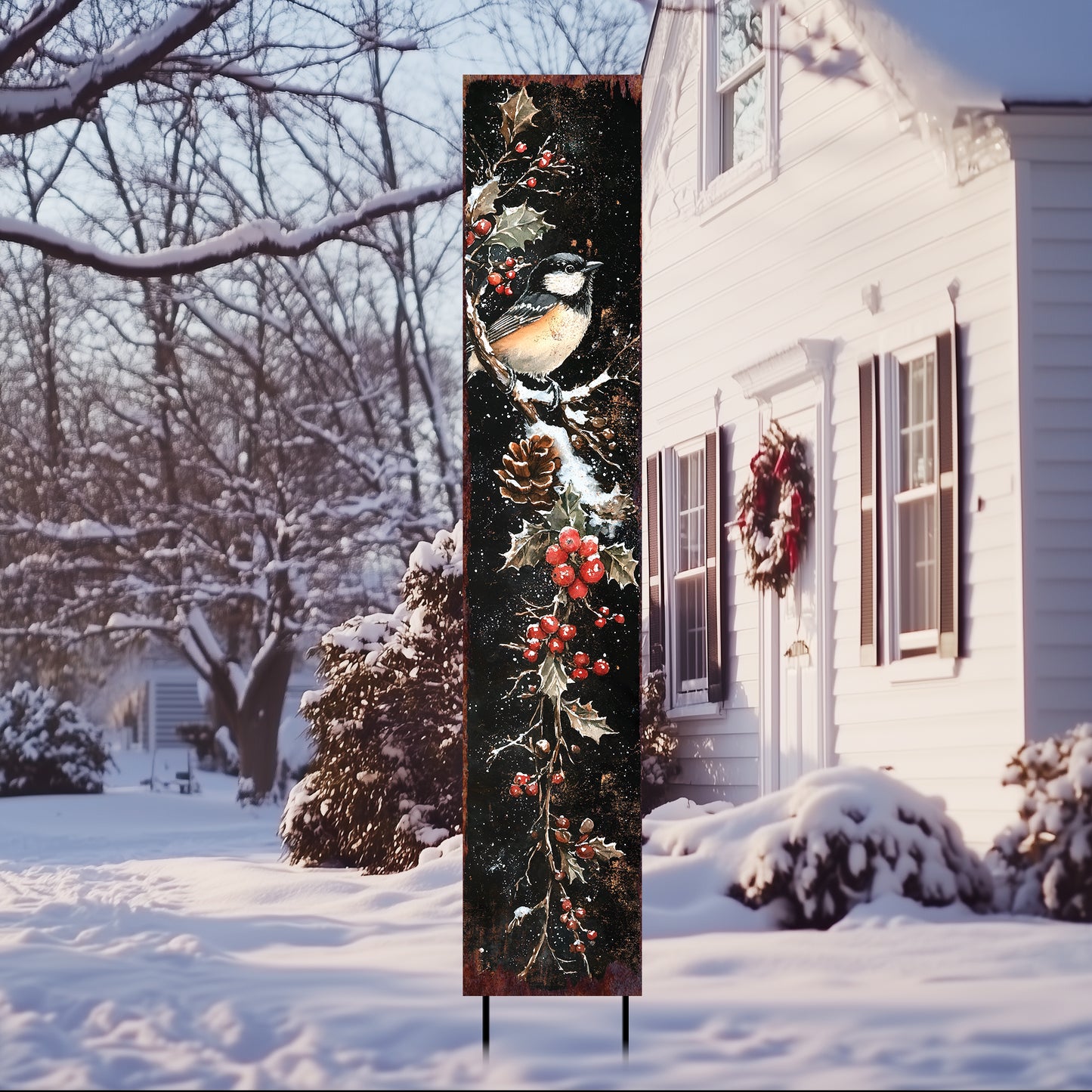42in Christmas Garden Stake | Watercolor Chickadee Design | Outdoor Yard Sign | Winter Garden Decor