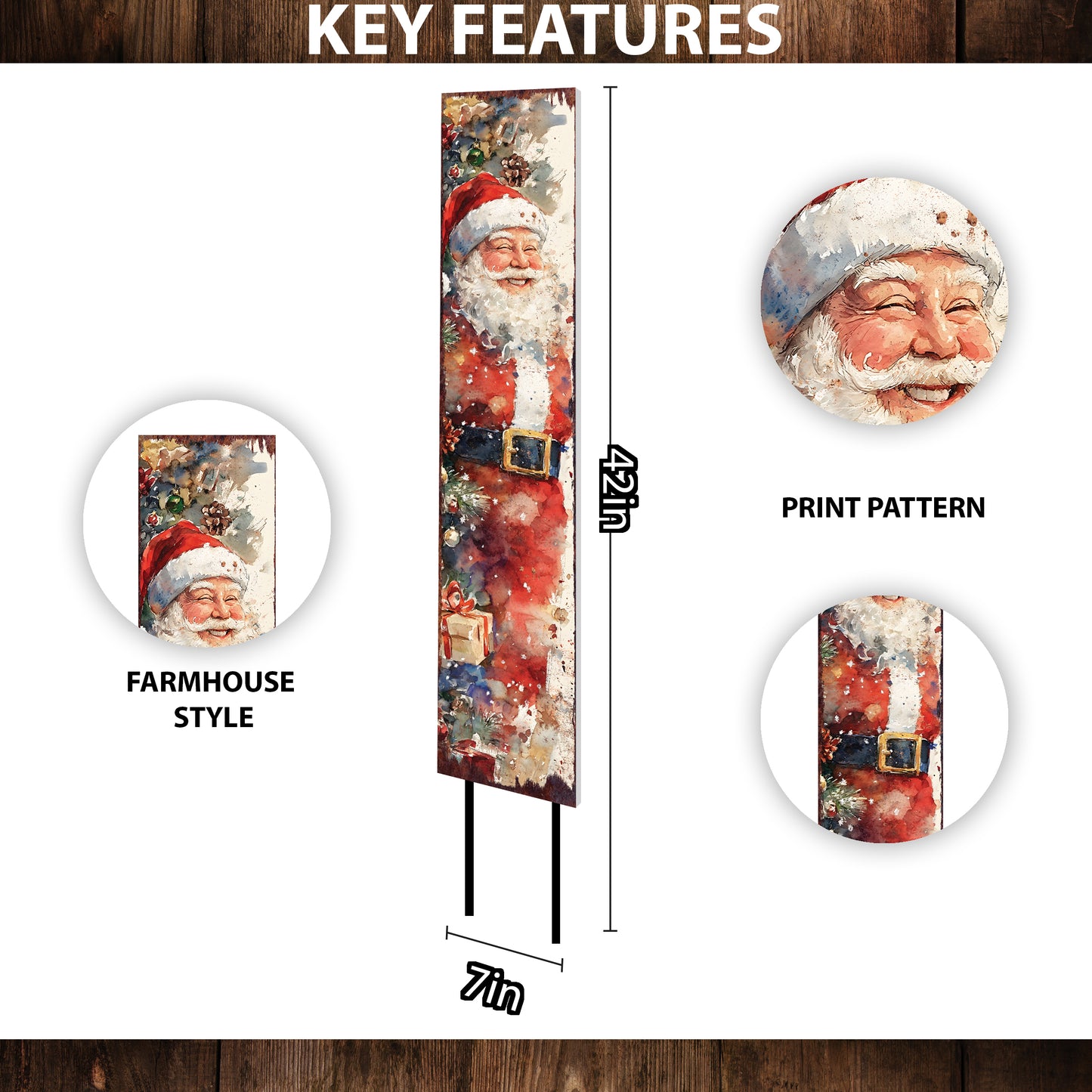 42in Christmas Garden Stake | Watercolor Santa Design | Outdoor Yard Sign | Vintage Poster Style Holiday Decor