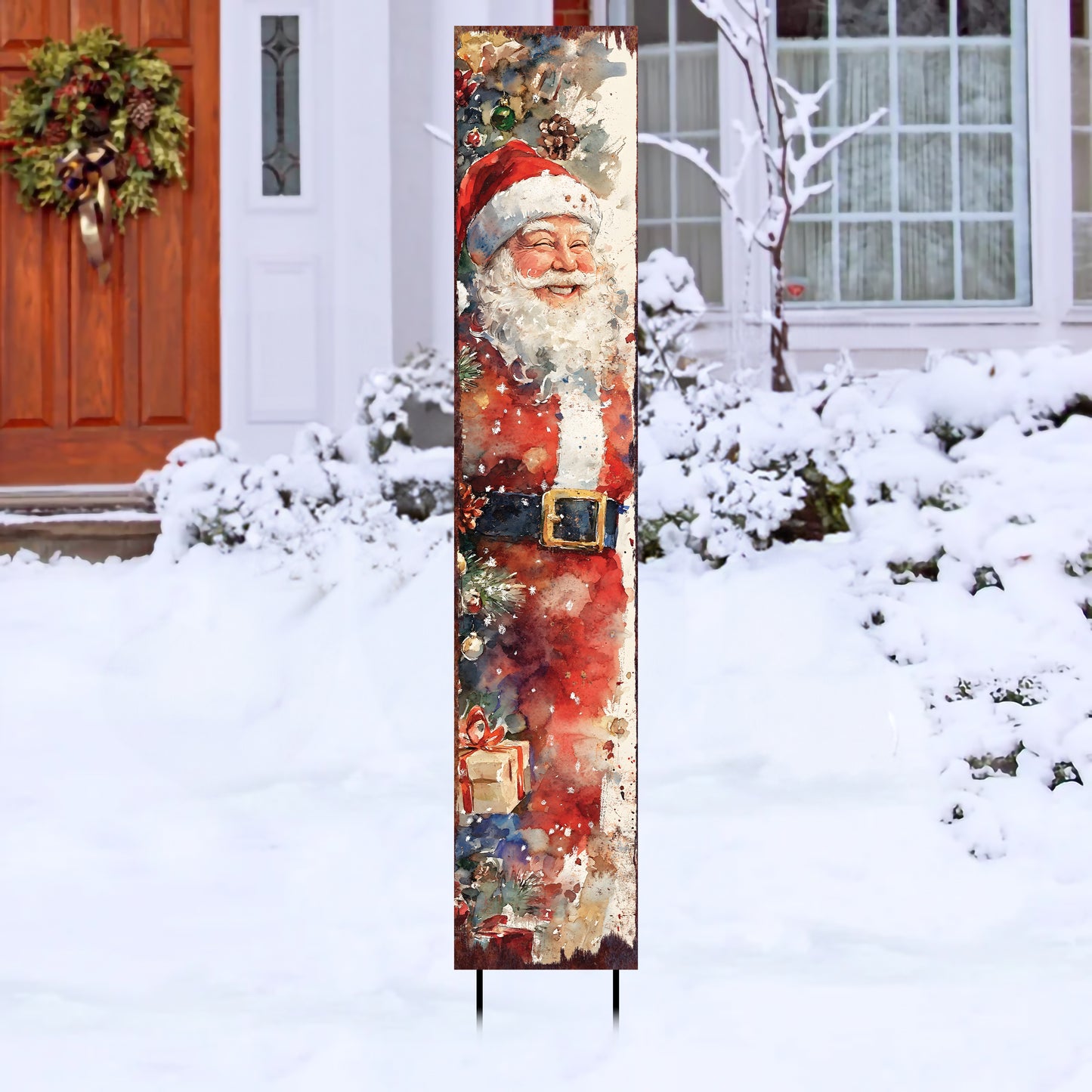 42in Christmas Garden Stake | Watercolor Santa Design | Outdoor Yard Sign | Vintage Poster Style Holiday Decor