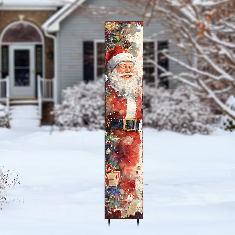 42in Christmas Garden Stake | Watercolor Santa Design | Outdoor Yard Sign | Vintage Poster Style Holiday Decor