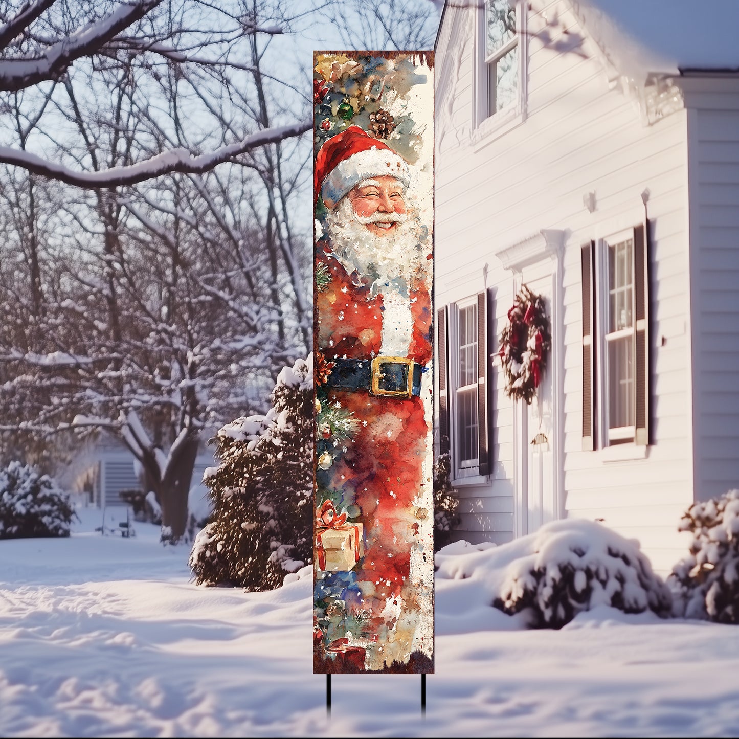 42in Christmas Garden Stake | Watercolor Santa Design | Outdoor Yard Sign | Vintage Poster Style Holiday Decor