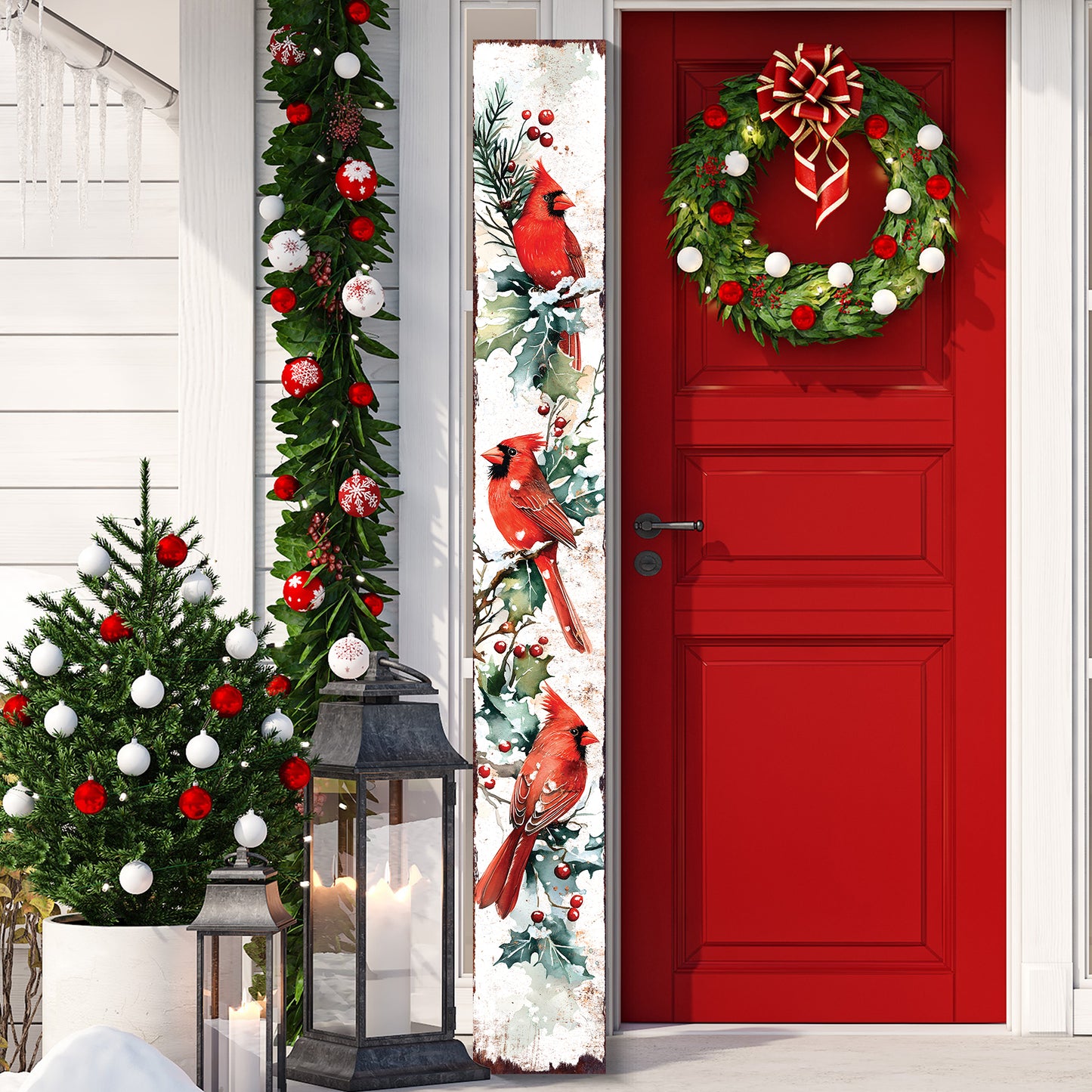 72in Christmas Porch Sign | Red Cardinals Watercolor Design | Christmas Porch Decor | Foldable Entryway Sign