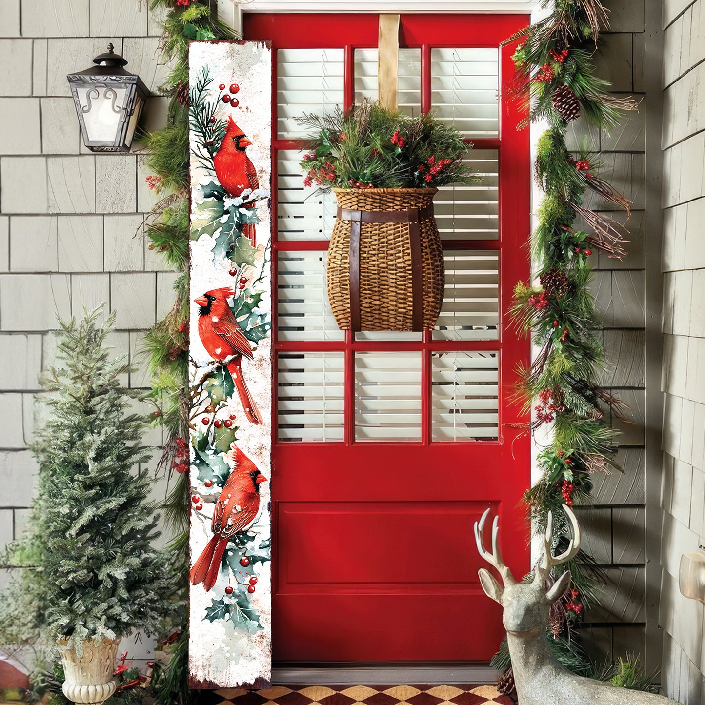 72in Christmas Porch Sign | Red Cardinals Watercolor Design | Christmas Porch Decor | Foldable Entryway Sign