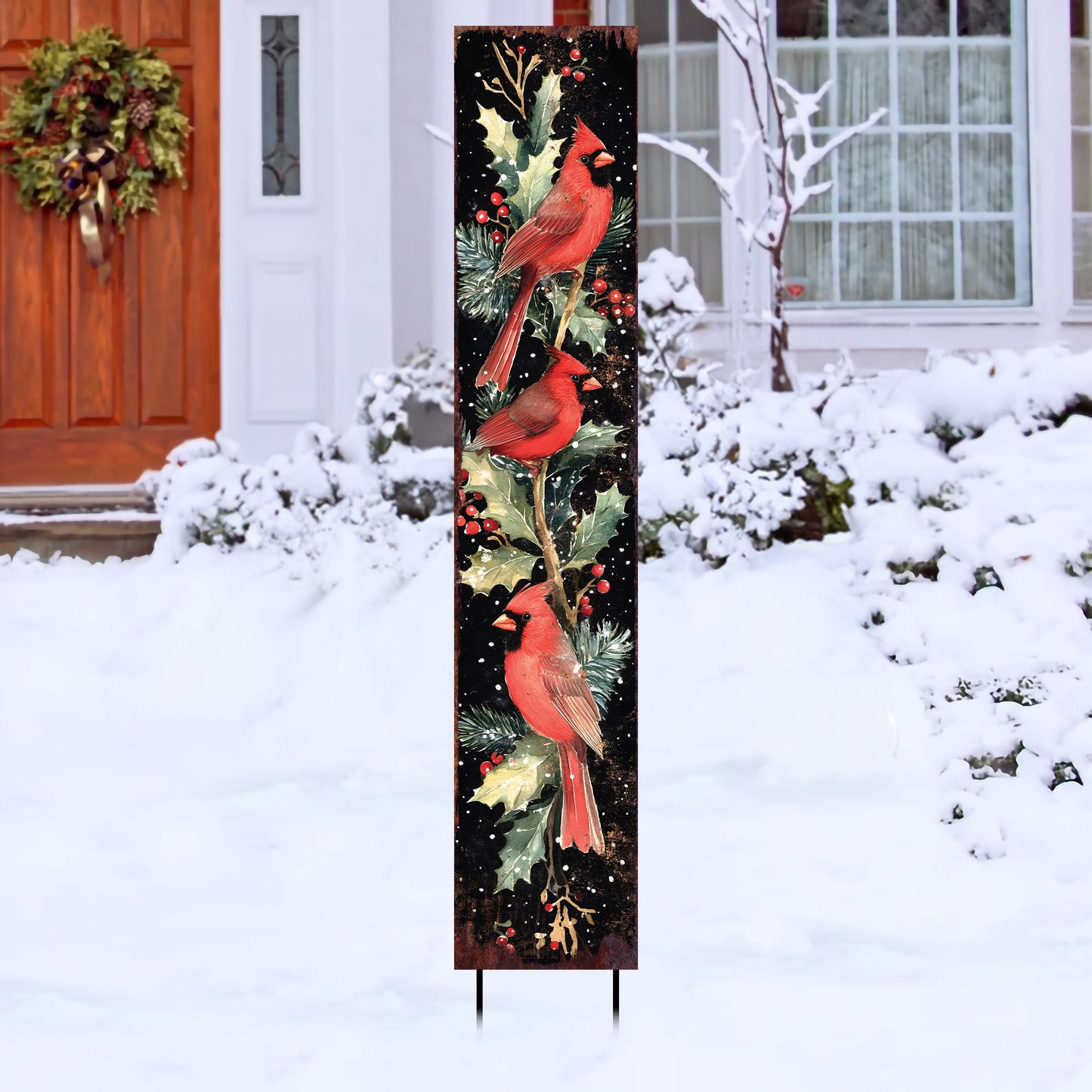 42in Christmas Garden Stake | Watercolor Cardinals Design | Outdoor Yard Sign | Winter Garden Decor