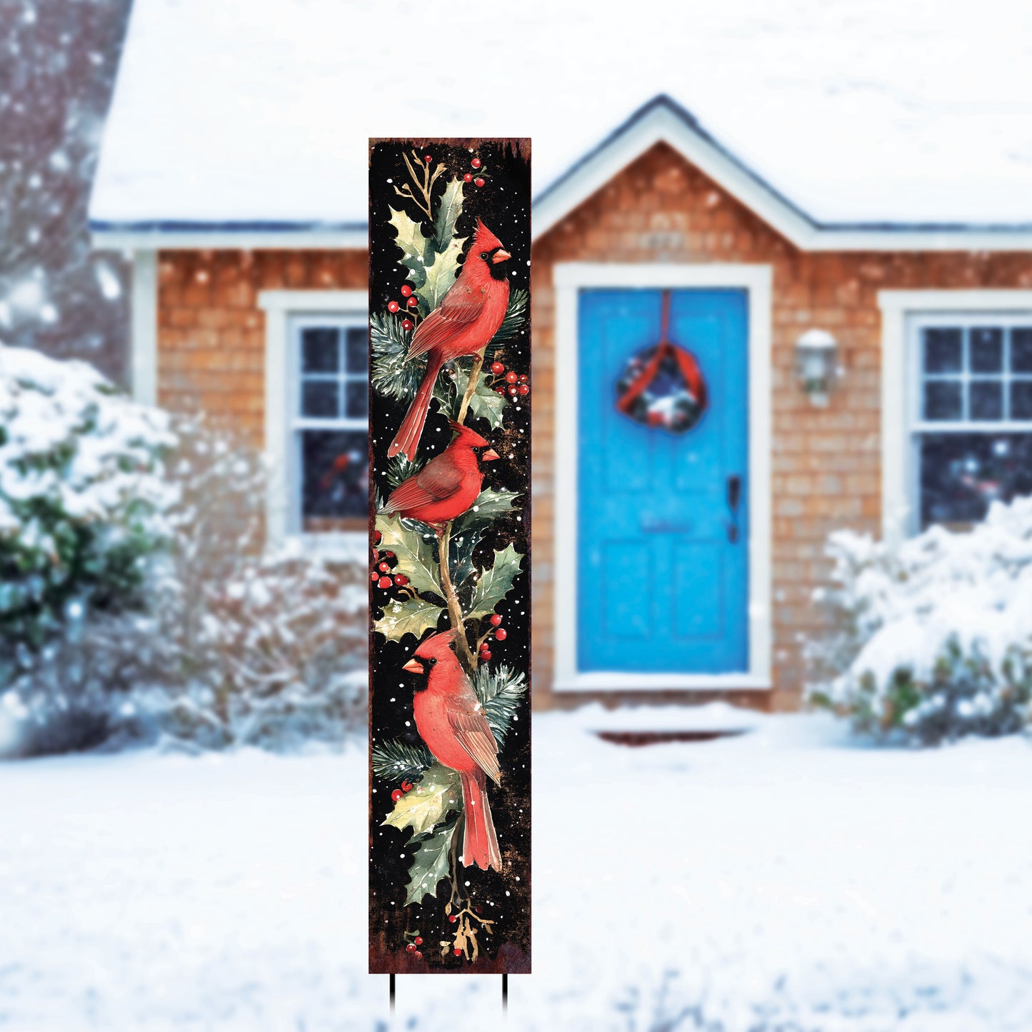 42in Christmas Garden Stake | Watercolor Cardinals Design | Outdoor Yard Sign | Winter Garden Decor