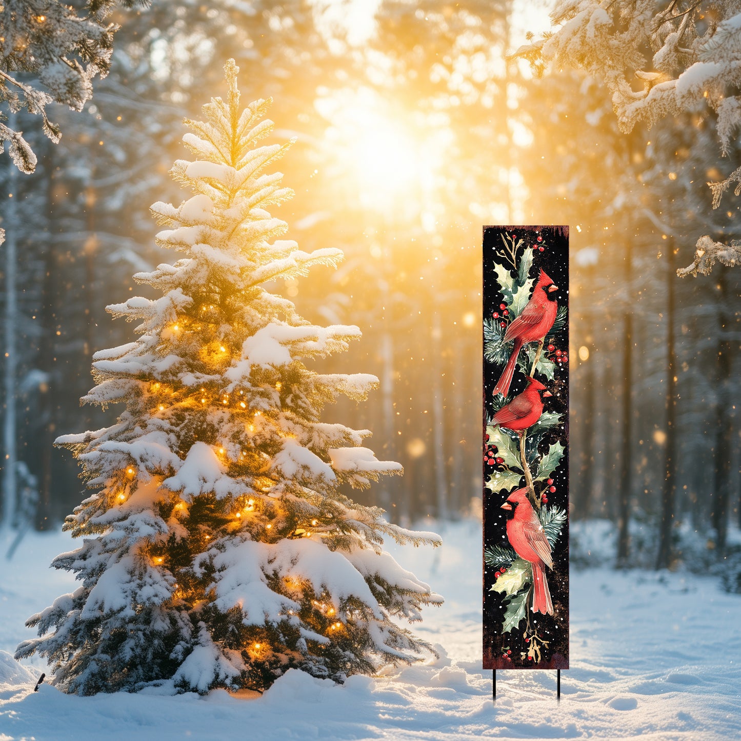 42in Christmas Garden Stake | Watercolor Cardinals Design | Outdoor Yard Sign | Winter Garden Decor