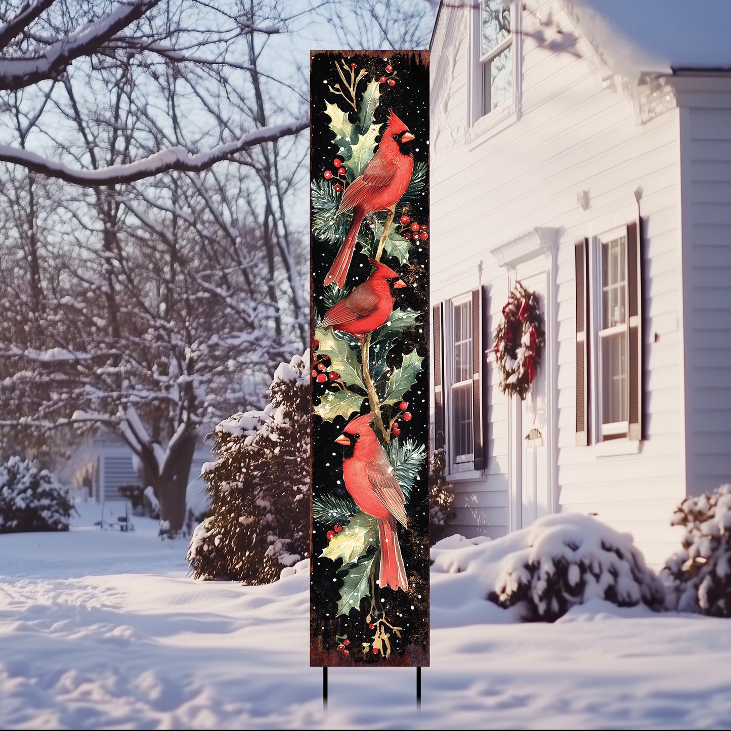 42in Christmas Garden Stake | Watercolor Cardinals Design | Outdoor Yard Sign | Winter Garden Decor
