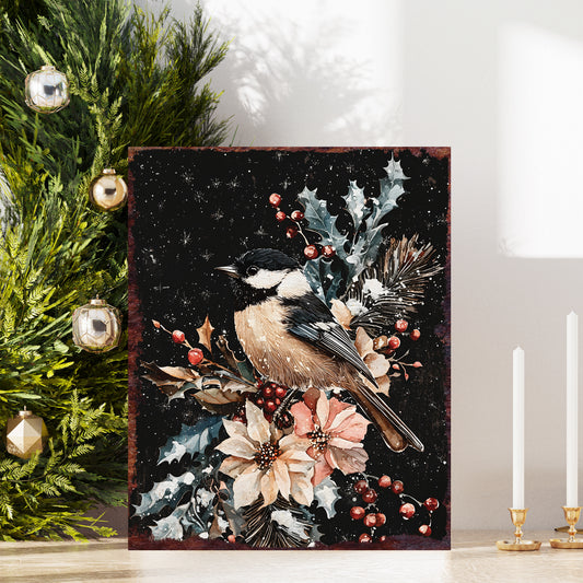 Farmhouse Merry Christmas Chickadee Wood Sign | Holiday Tabletop Decor Gift