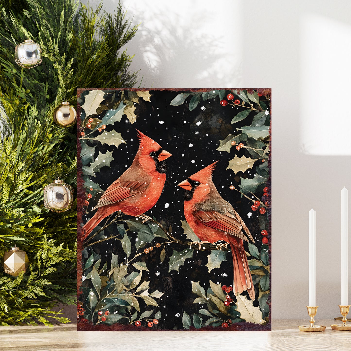 15in Christmas Cardinals Table Decor | Holiday Tabletop Decoration | Wooden Indoor Party Decor | 15x12in
